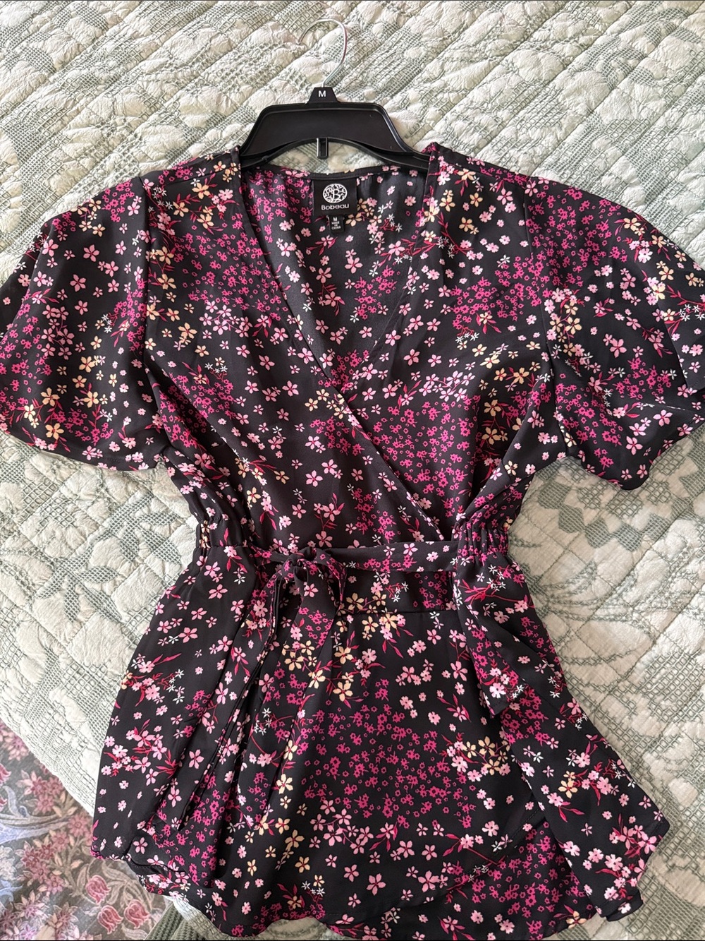 Black Floral Wrap Blouse with Pink Accents